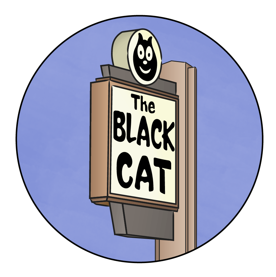 A sign of the Black Cat Tavern that has a cartoon cat on its top