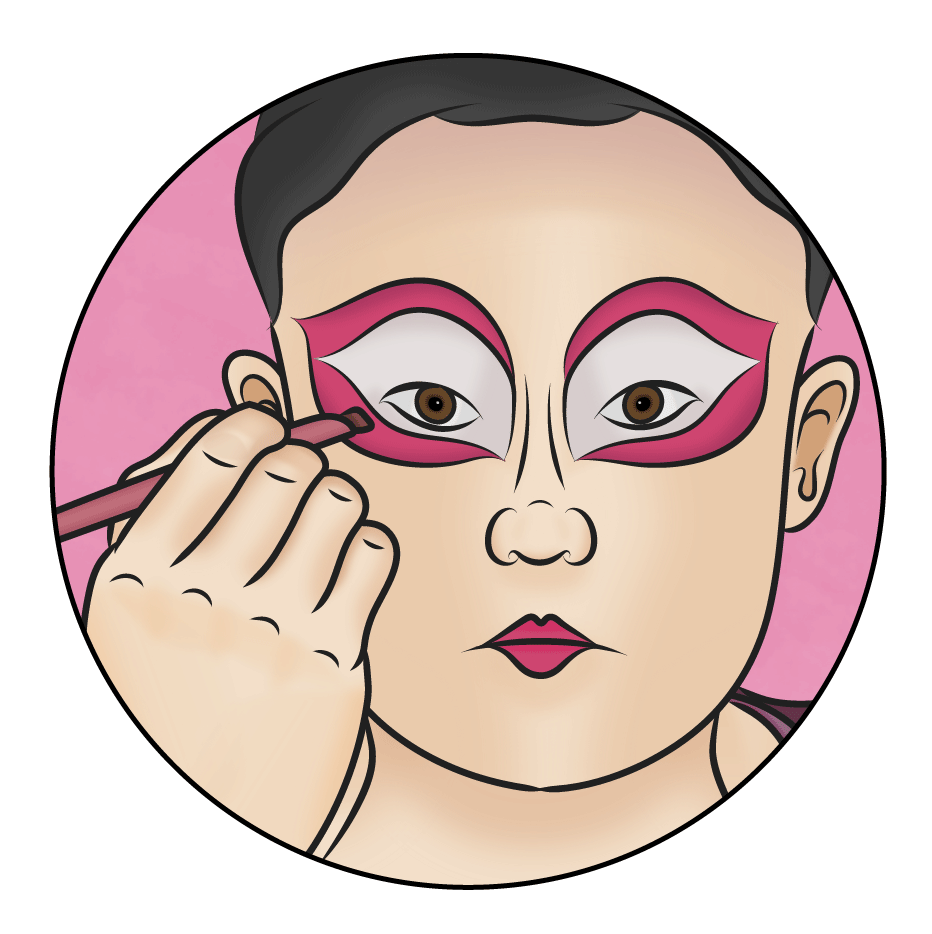 Drag queen applies pink makeup around her eyes