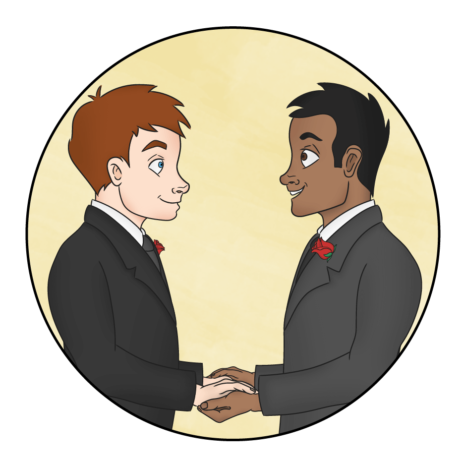 Two men wearing suits hold hands and look lovingly at one another