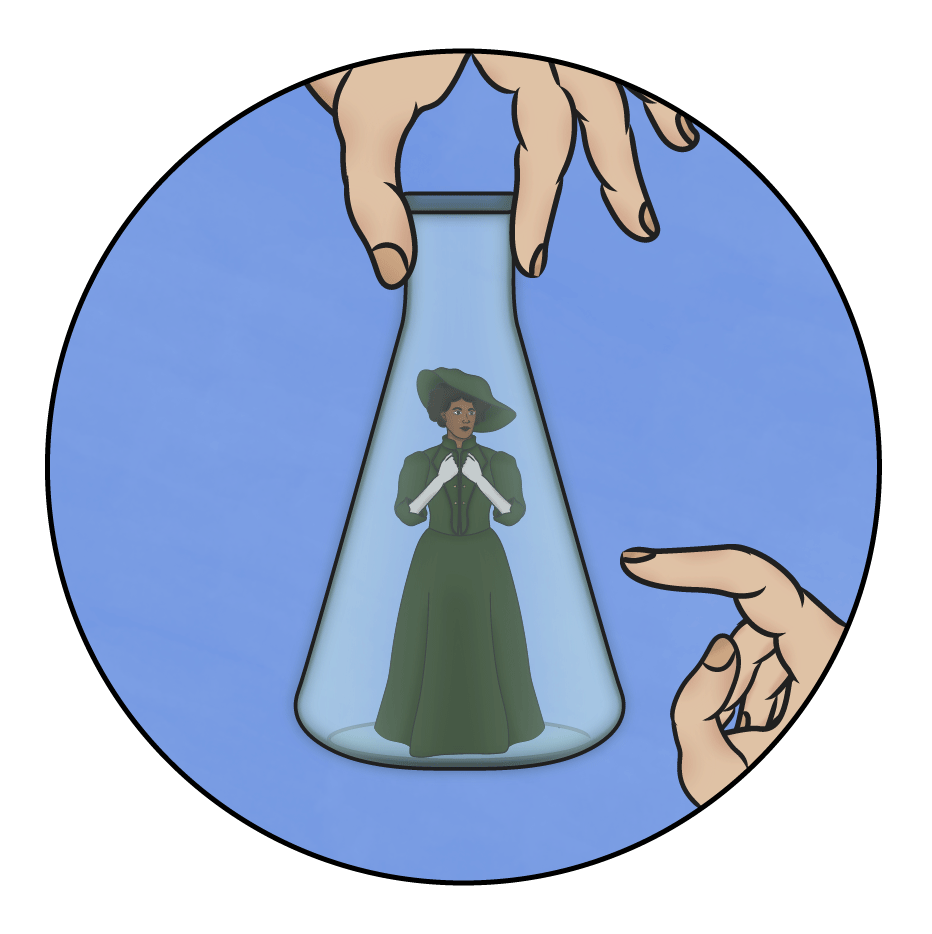 A woman is held in a chemistry beaker while a large hand taps on it