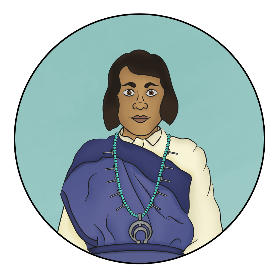 We'Wha, a Zuni two spirit, sits in traditional clothing with a turqoise neck